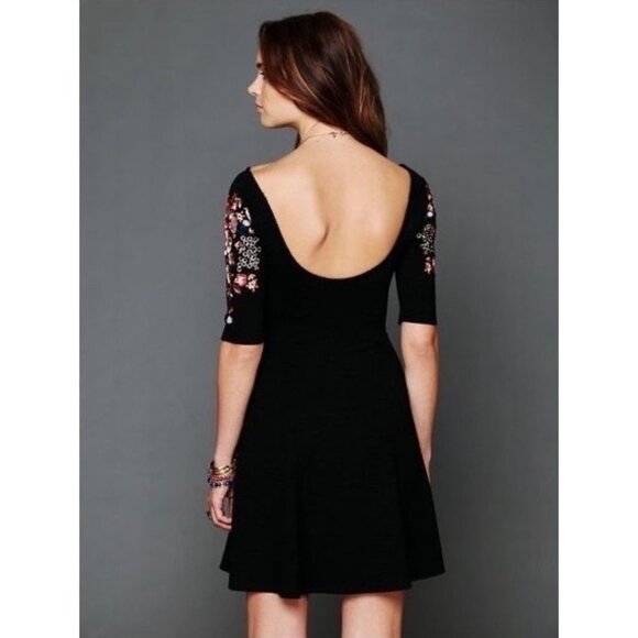 Free People Embroidered Garden Sleeve Black Fit & Flare Skater Mini Dress - Picture 6 of 16